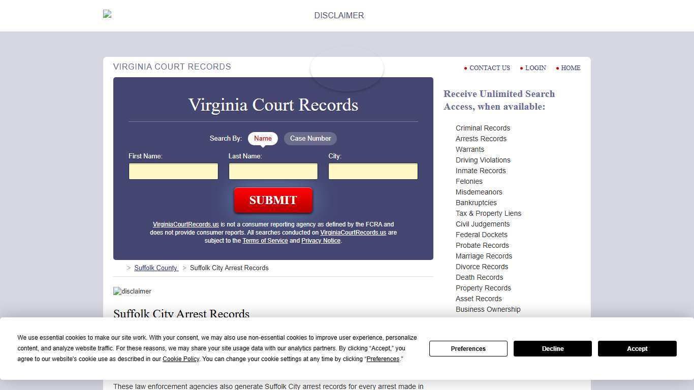 Suffolk City Arrest Records VirginiaCourtRecords.us